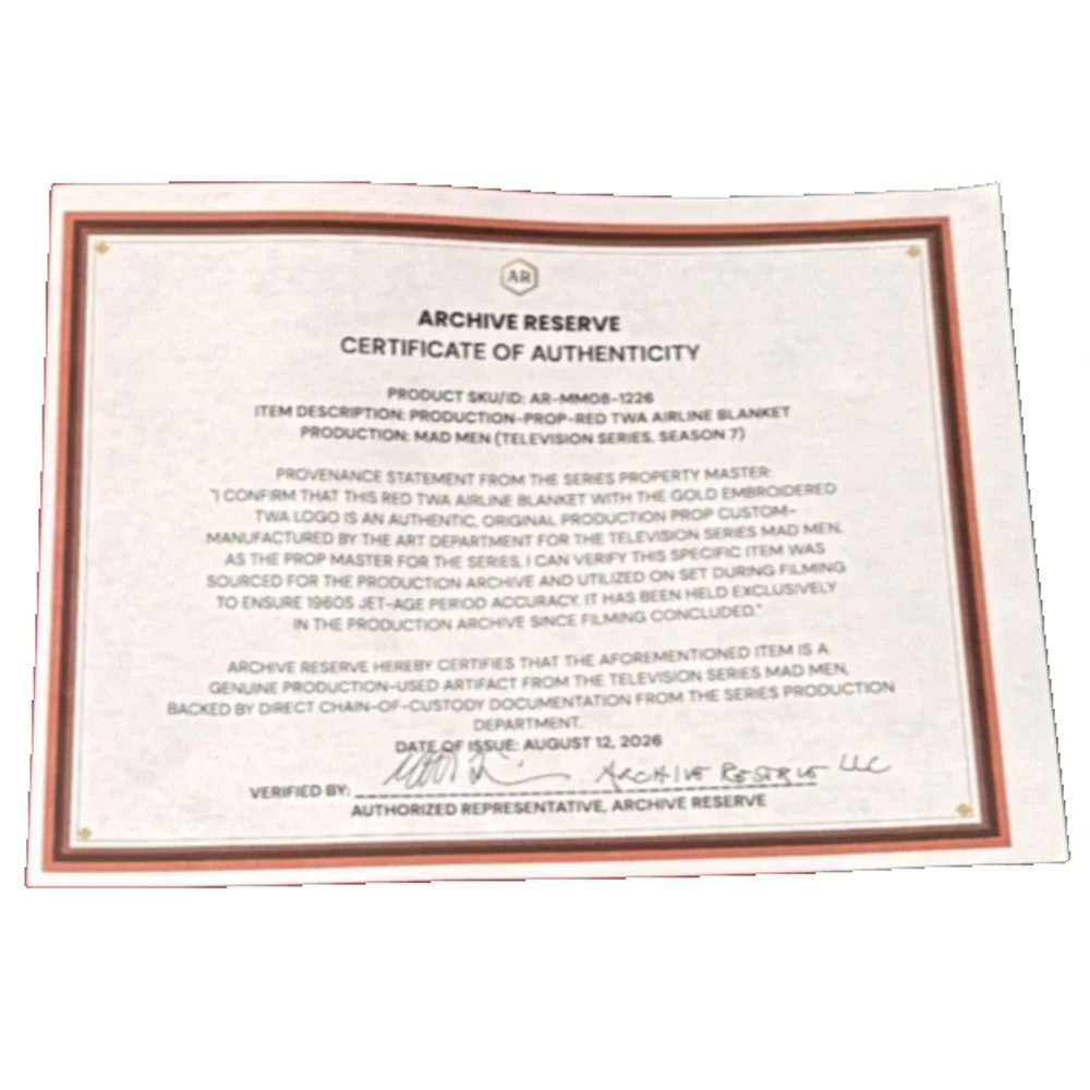 Mad Men Don Draper Red TWA Blanket Original Season 7 Prop Master Owned COA